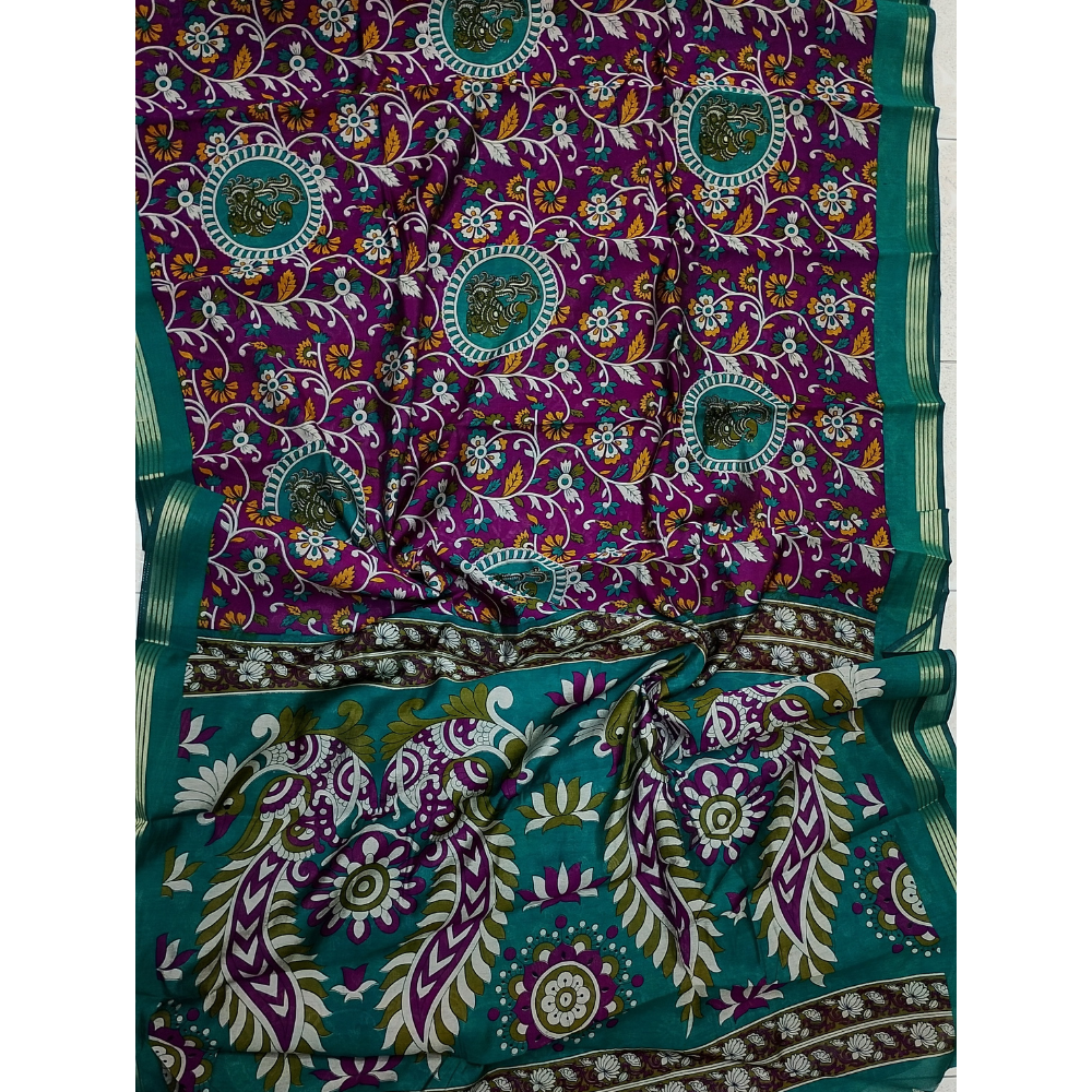 Violet Saree with Rama Green Blouse N Pallu Kalamkari Designs Linen Cotton Saree