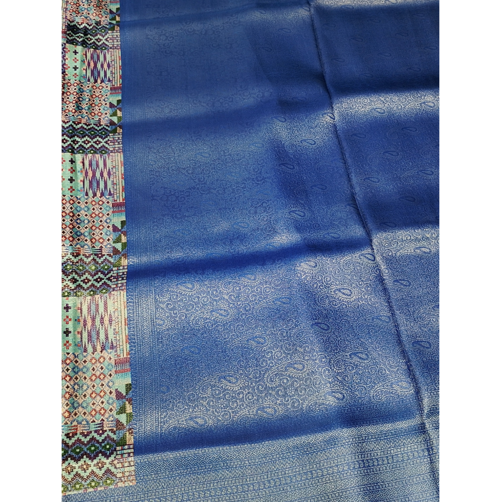Silver Grey with Blue  colour combinaton Softy Digital Print Silk Saree