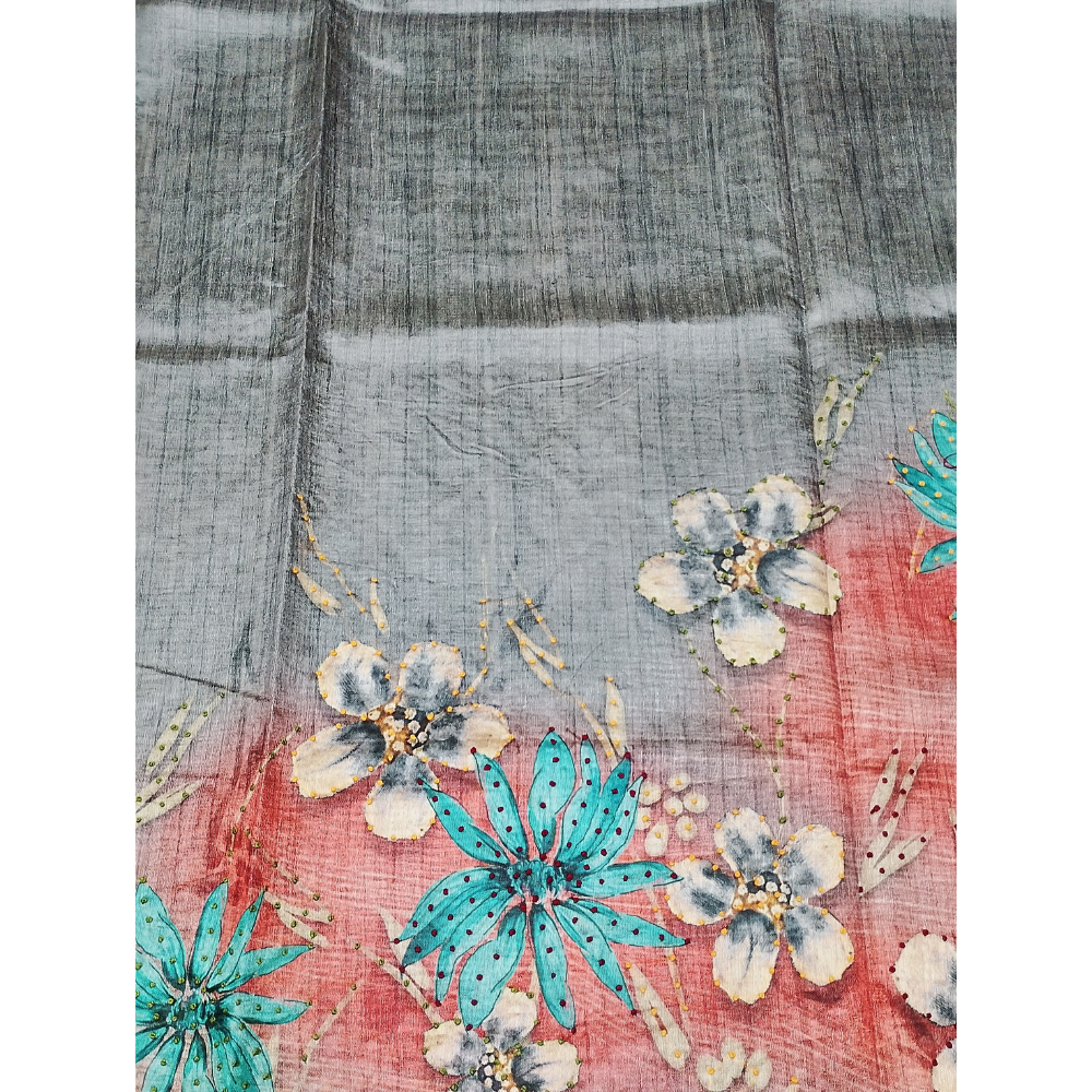 Grey n Reddish Orange Colour combination Tusser Saree with French Knots in the Digital flowers