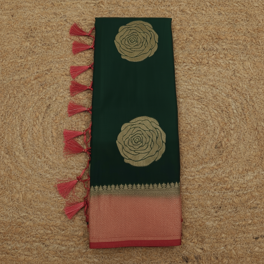 Dark green with red border pearl viscose sarees with floral motifs