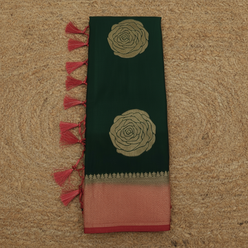 Dark green with red border pearl viscose sarees with floral motifs