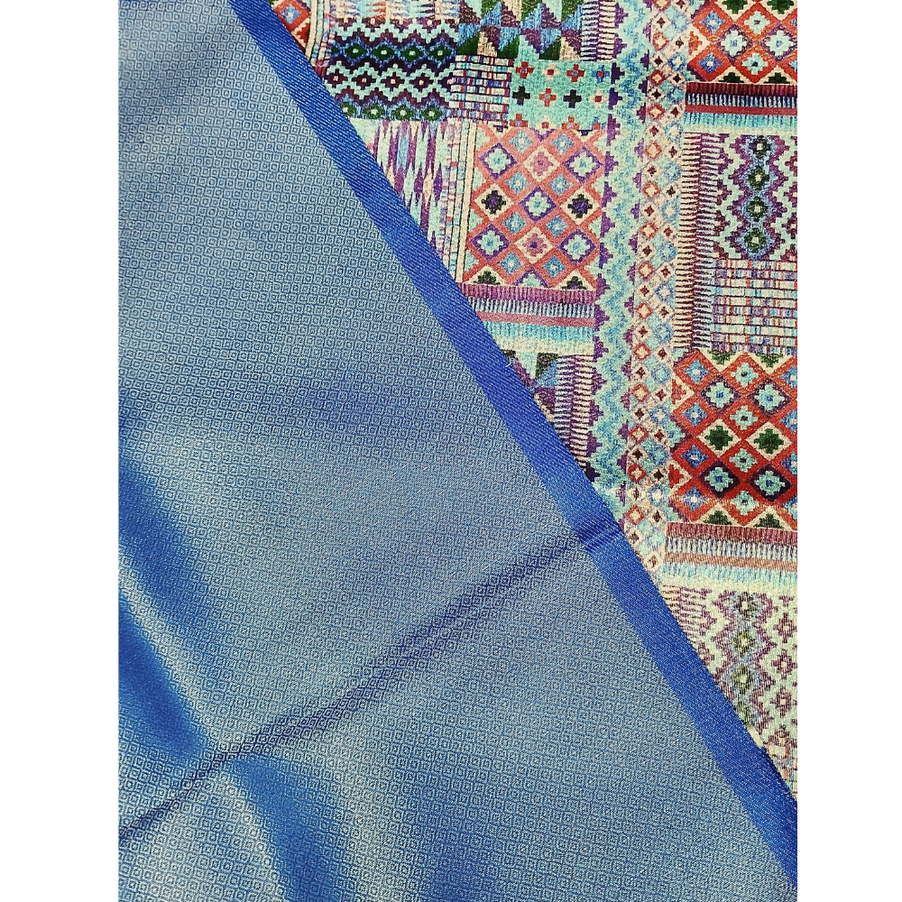 Silver Grey with Blue  colour combinaton Softy Digital Print Silk Saree