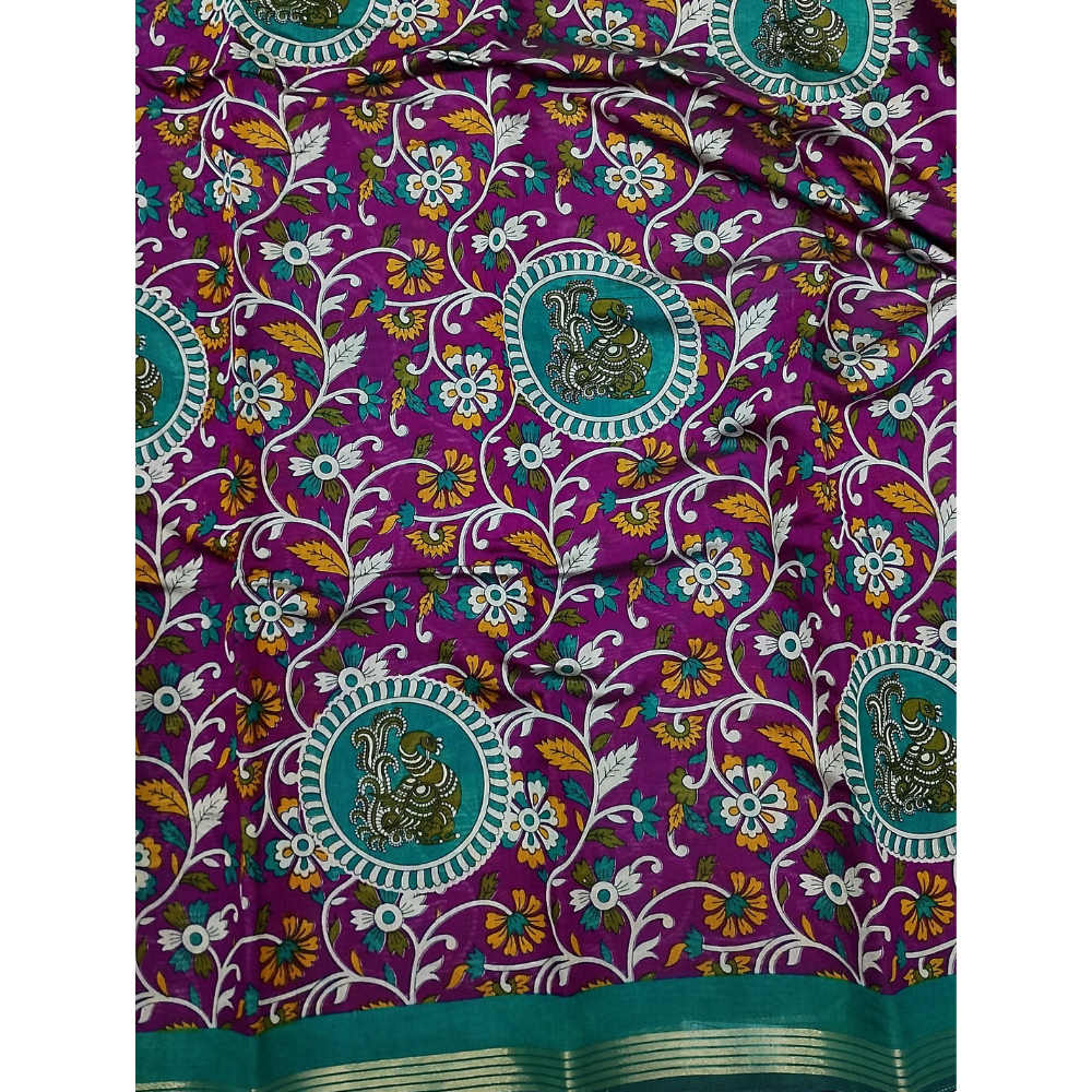 Violet Saree with Rama Green Blouse N Pallu Kalamkari Designs Linen Cotton Saree