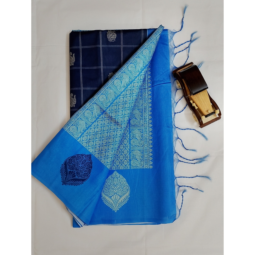 Navy Blue with Sky Blue Border Pallu n Blouse  Semi Tusser Saree