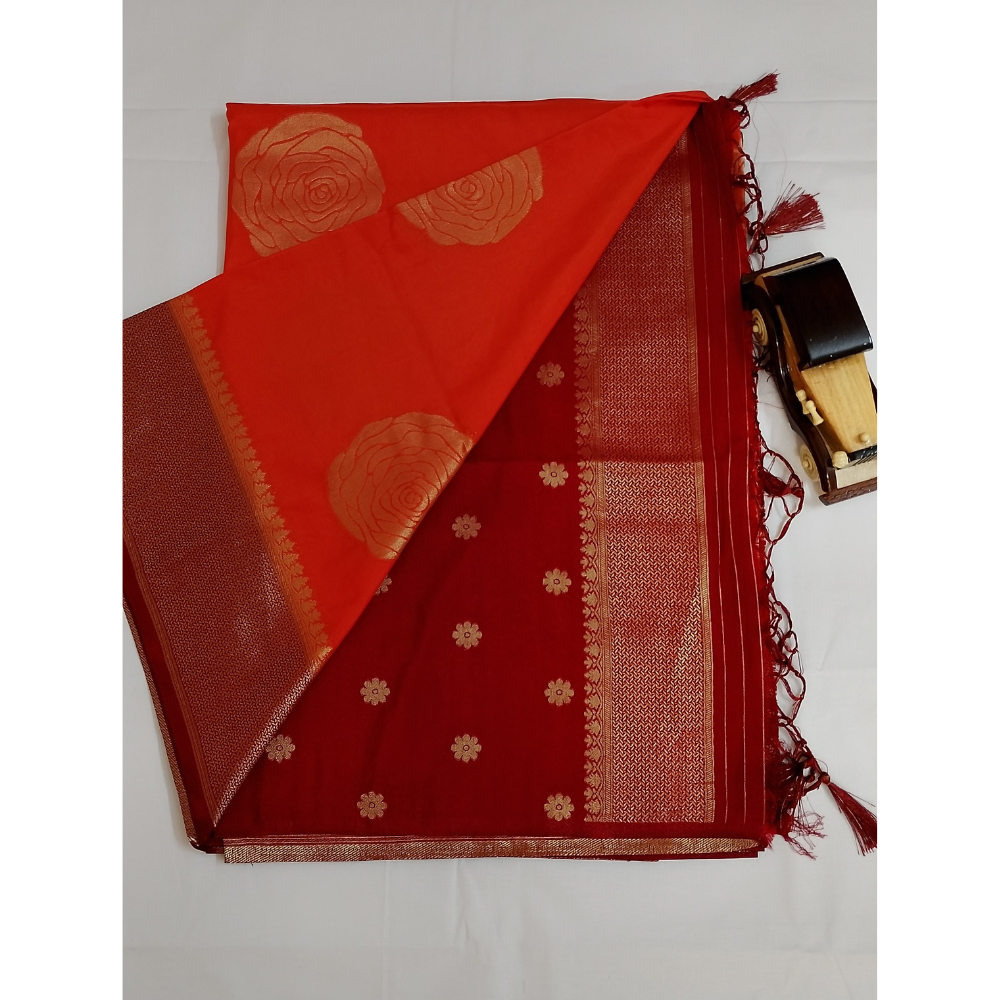 Bright Orange with Maroon border pearl viscose sarees with floral motifs