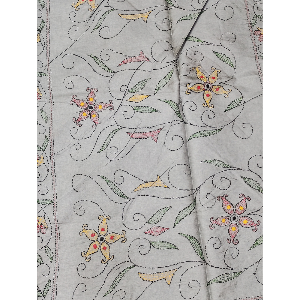 Grey colour kantha work Tusser Saree