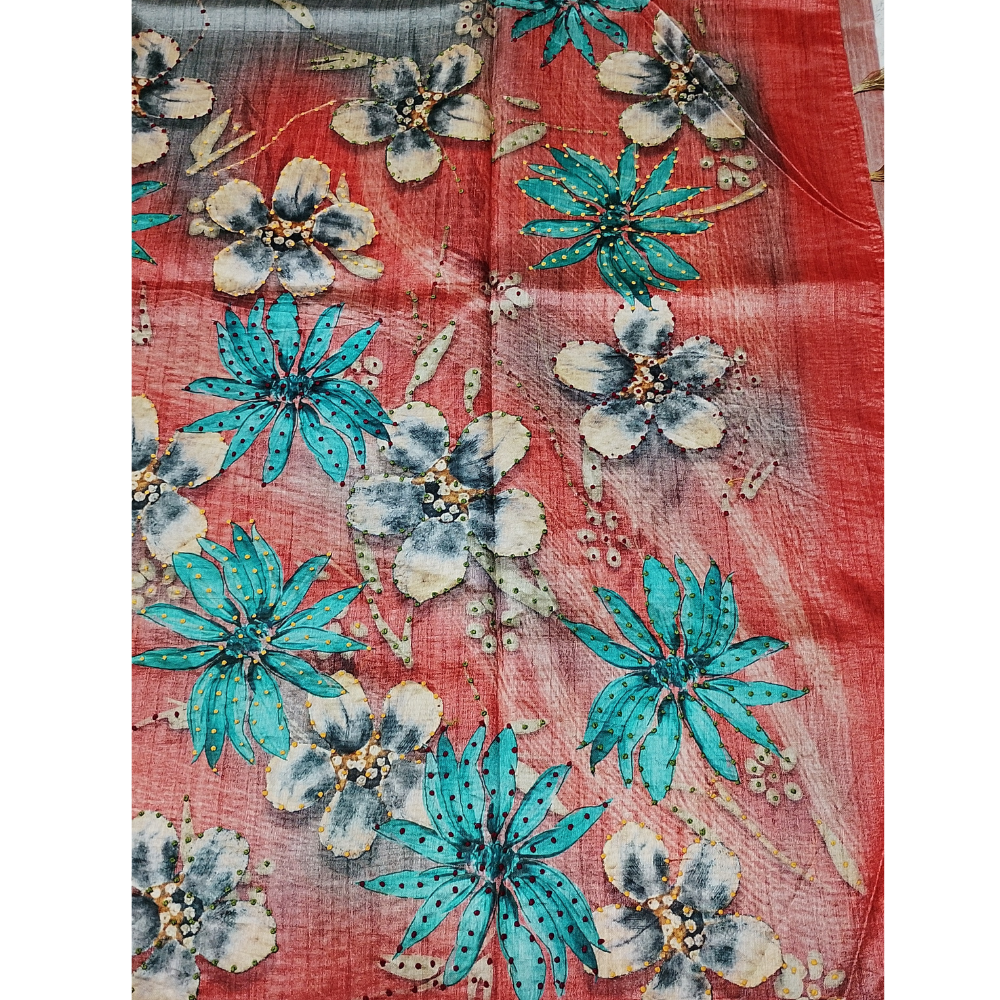 Grey n Reddish Orange Colour combination Tusser Saree with French Knots in the Digital flowers