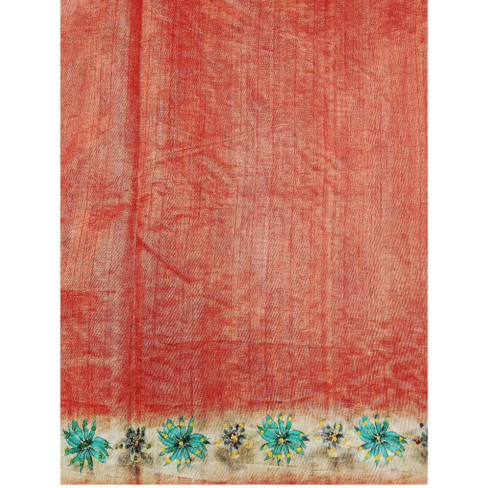 Grey n Reddish Orange Colour combination Tusser Saree with French Knots in the Digital flowers