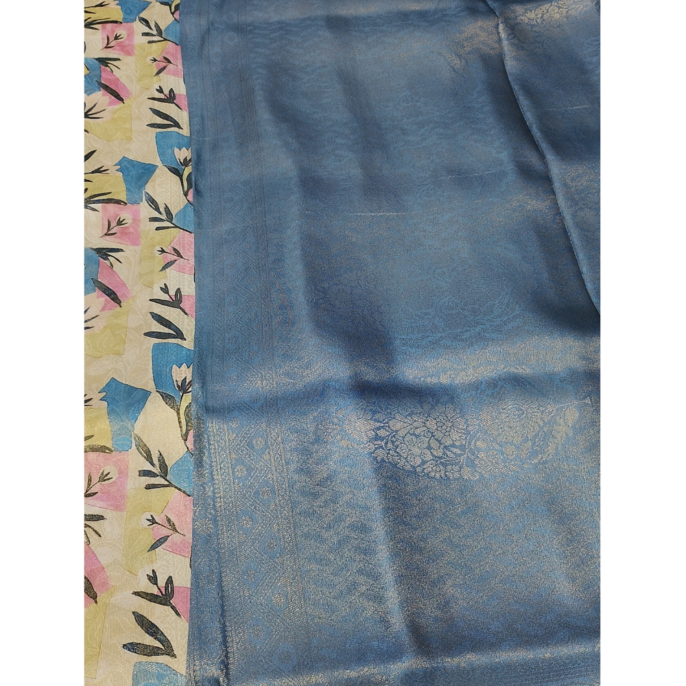Cream Colour with Blue Grey combination Softy Digital Print Silk Saree