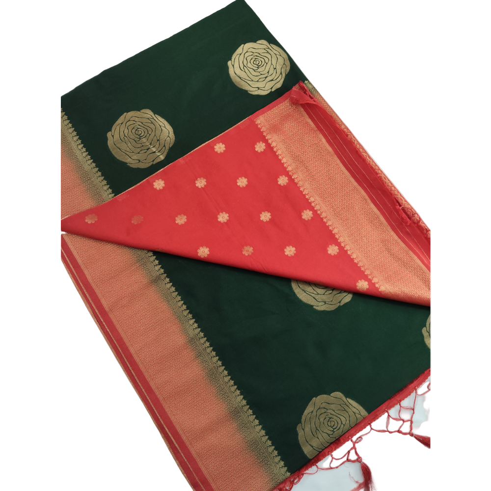 Dark green with red border pearl viscose sarees with floral motifs