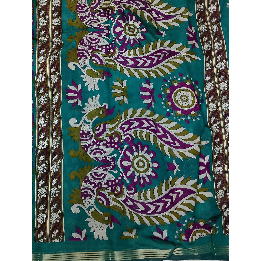 Violet Saree with Rama Green Blouse N Pallu Kalamkari Designs Linen Cotton Saree