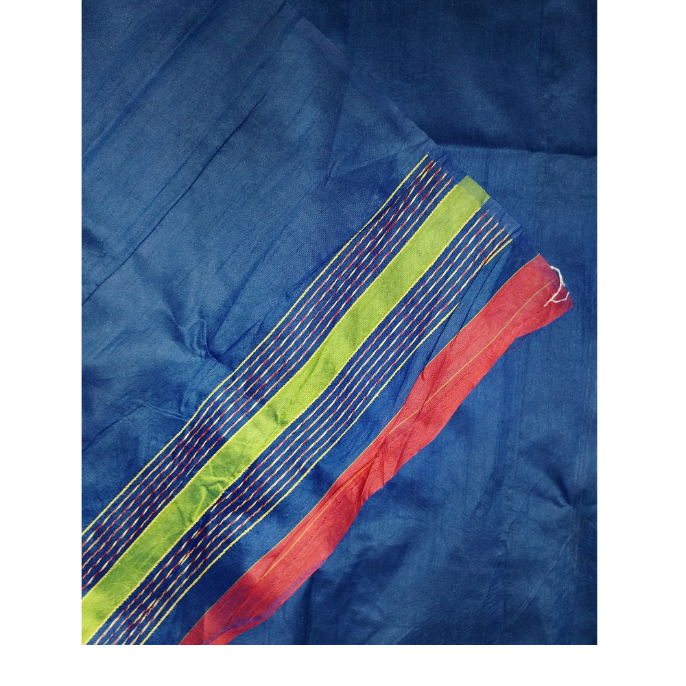 Navy Blue Raw Silk Saree with contrast Ikkat Blouse